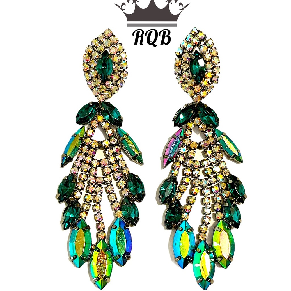Blue Green and Clear Chandelier Earrings Pageant